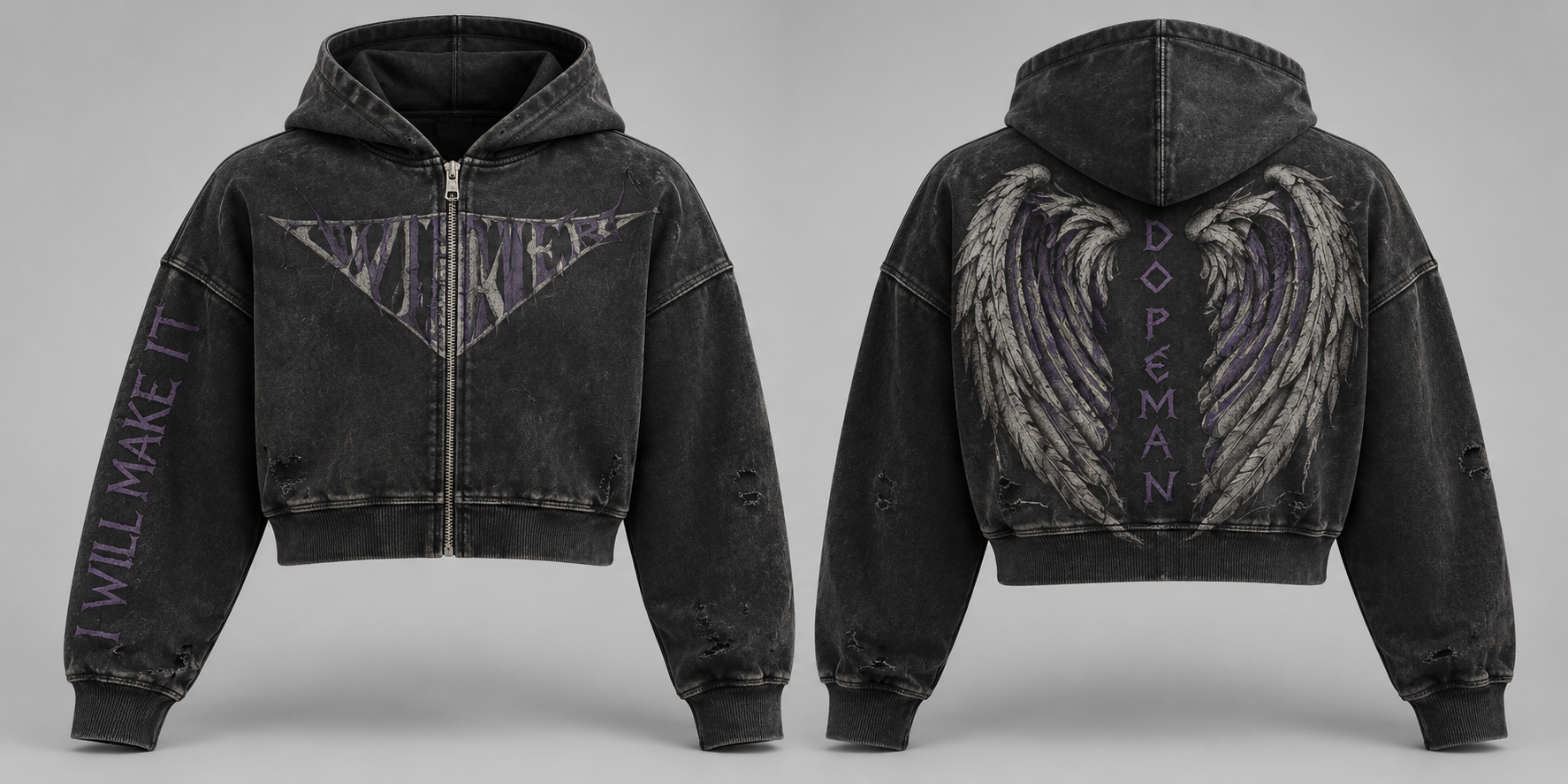 WINGS : hoodie zippé charbon, face WINNER et dos aux ailes violettes